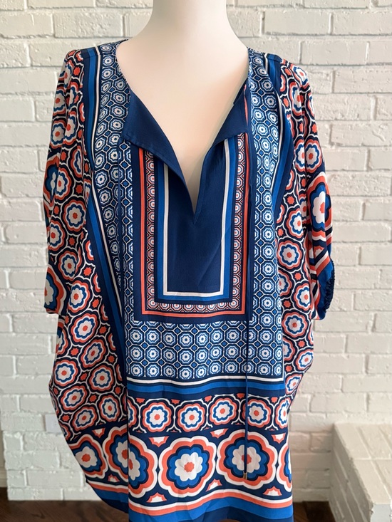 Trina Turk Tops - Trina Turk Silk Navy Orange & White Geo-Print Split-Neck Blouse